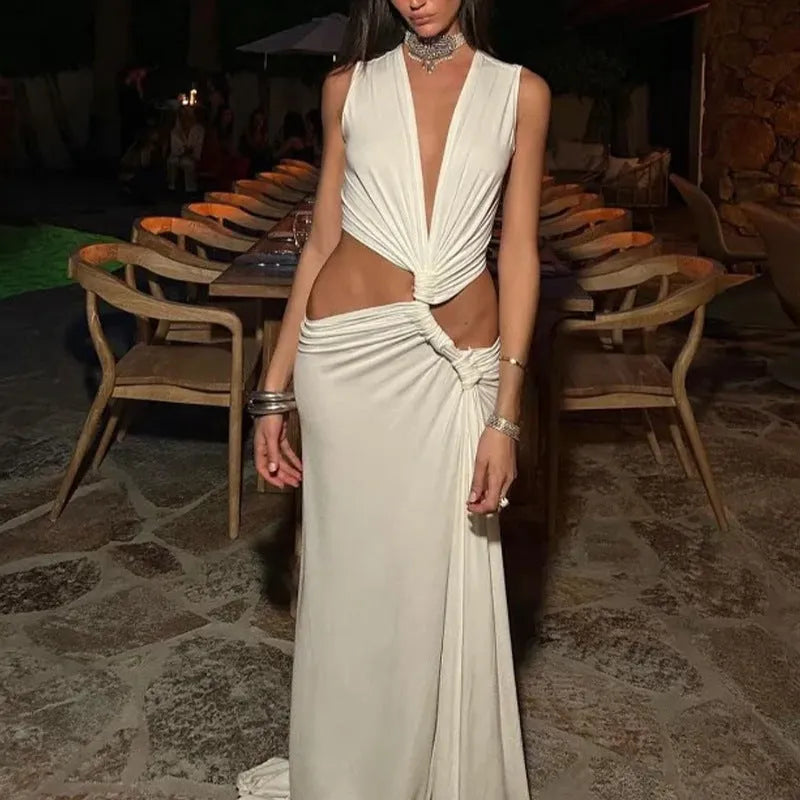 Hollow Knot Slit V-neck Sleeveless Pleated Irregular Dress - Bellarte Enchanté Hollow Knot Slit V-neck Sleeveless Pleated Irregular Dress
